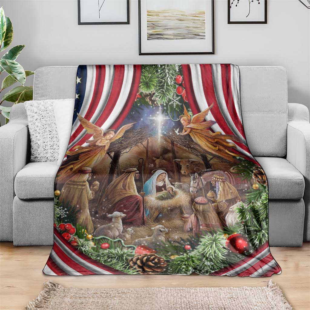 Patriotic Nativity Scene Throw Blanket American Flag Christian Christmas Baby Jesus and Angels Under the Star - Wonder Print Shop