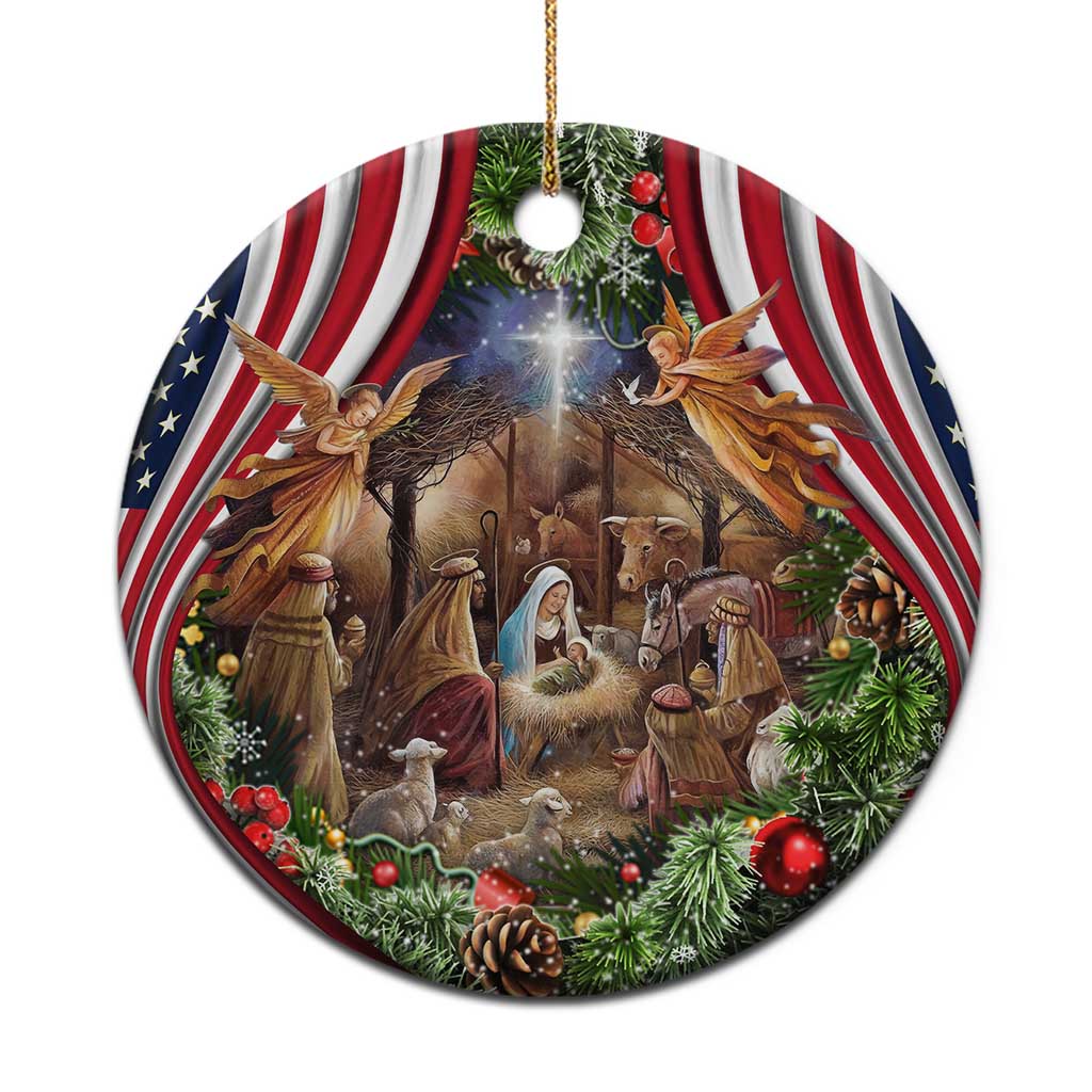 Patriotic Nativity Scene Christmas Ceramic Ornament American Flag Christian Christmas Baby Jesus and Angels Under the Star - Wonder Print Shop