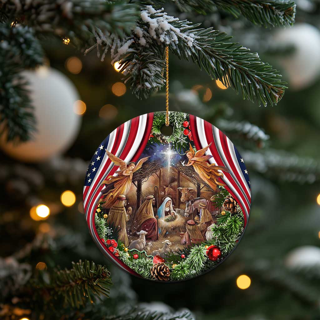 Patriotic Nativity Scene Christmas Ceramic Ornament American Flag Christian Christmas Baby Jesus and Angels Under the Star - Wonder Print Shop