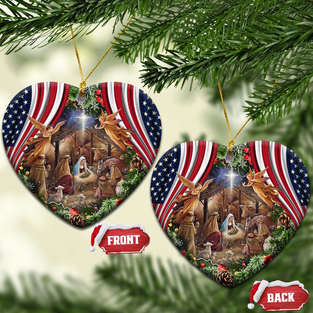 Patriotic Nativity Scene Christmas Ceramic Ornament American Flag Christian Christmas Baby Jesus and Angels Under the Star - Wonder Print Shop