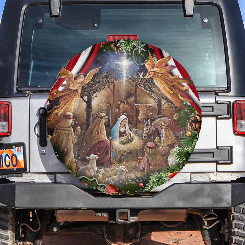 Patriotic Nativity Scene Spare Tire Cover American Flag Christian Christmas Baby Jesus and Angels Under the Star - Wonder Print Shop