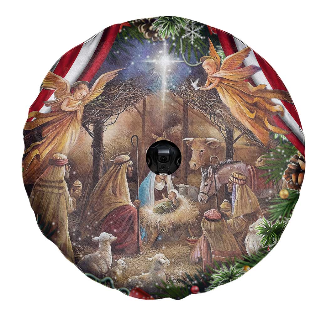 Patriotic Nativity Scene Spare Tire Cover American Flag Christian Christmas Baby Jesus and Angels Under the Star - Wonder Print Shop
