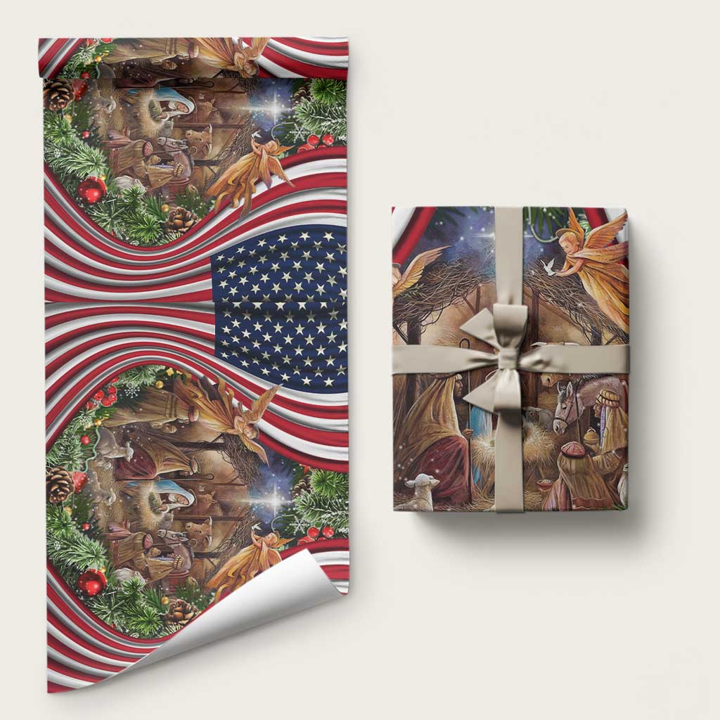 Patriotic Nativity Scene Wrapping Paper American Flag Christian Christmas Baby Jesus and Angels Under the Star - Wonder Print Shop
