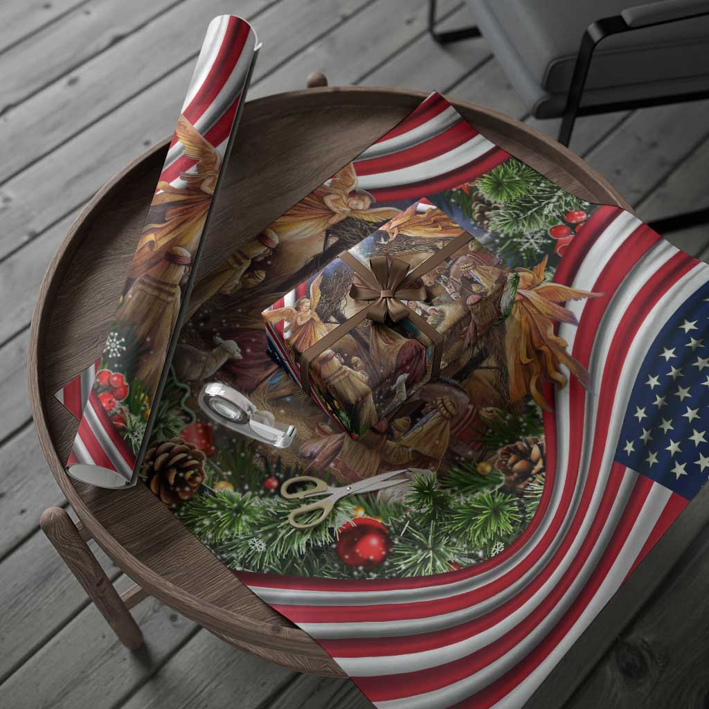 Patriotic Nativity Scene Wrapping Paper American Flag Christian Christmas Baby Jesus and Angels Under the Star - Wonder Print Shop