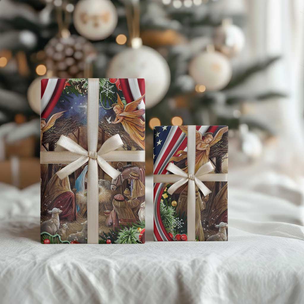 Patriotic Nativity Scene Wrapping Paper American Flag Christian Christmas Baby Jesus and Angels Under the Star - Wonder Print Shop