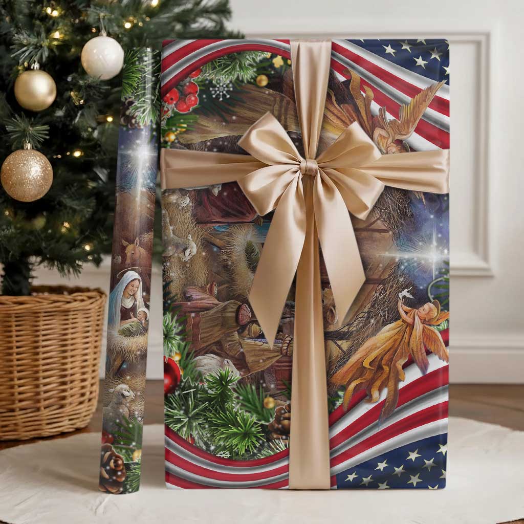 Patriotic Nativity Scene Wrapping Paper American Flag Christian Christmas Baby Jesus and Angels Under the Star - Wonder Print Shop