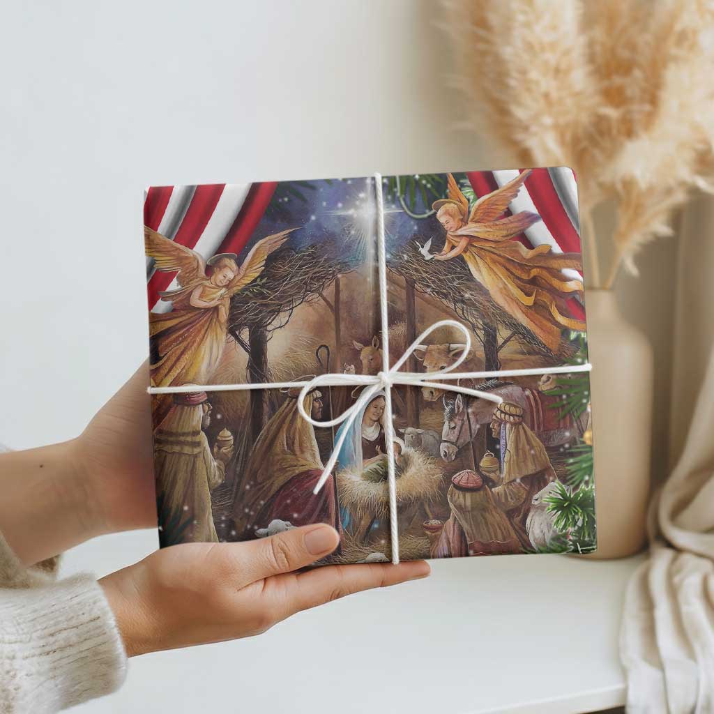 Patriotic Nativity Scene Wrapping Paper American Flag Christian Christmas Baby Jesus and Angels Under the Star - Wonder Print Shop
