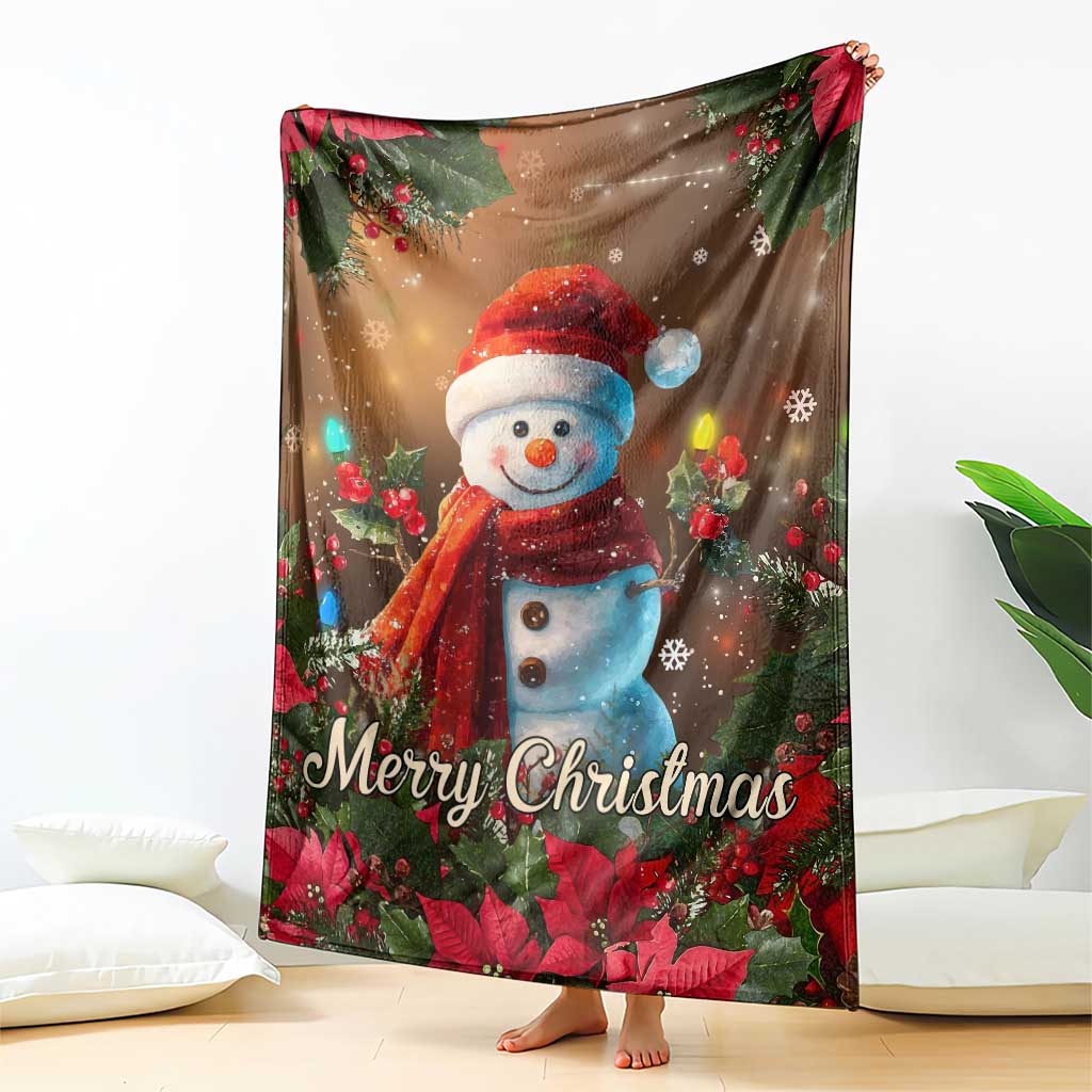 Merry Christmas Snowman Throw Blanket Whimsical Holiday Poinsettias Santa Hat - Wonder Print Shop