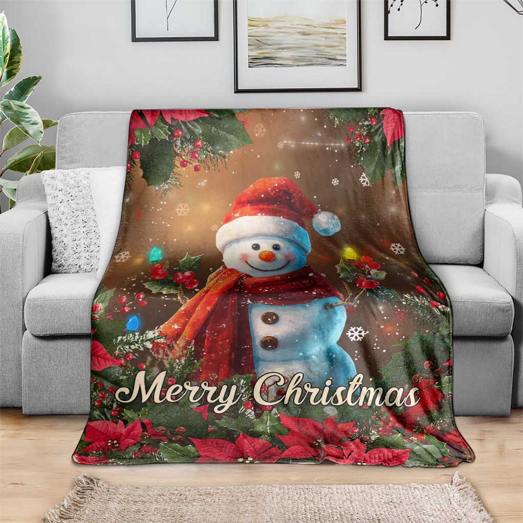Merry Christmas Snowman Throw Blanket Whimsical Holiday Poinsettias Santa Hat - Wonder Print Shop
