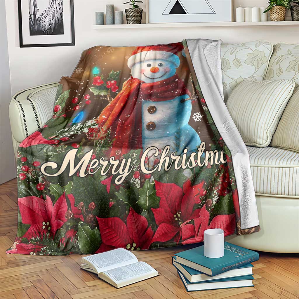 Merry Christmas Snowman Throw Blanket Whimsical Holiday Poinsettias Santa Hat - Wonder Print Shop