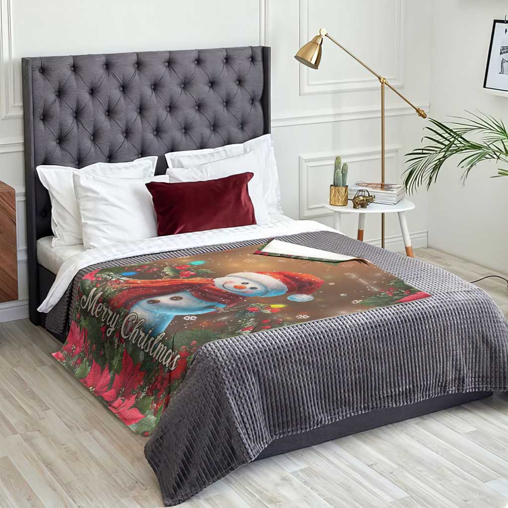 Merry Christmas Snowman Throw Blanket Whimsical Holiday Poinsettias Santa Hat - Wonder Print Shop