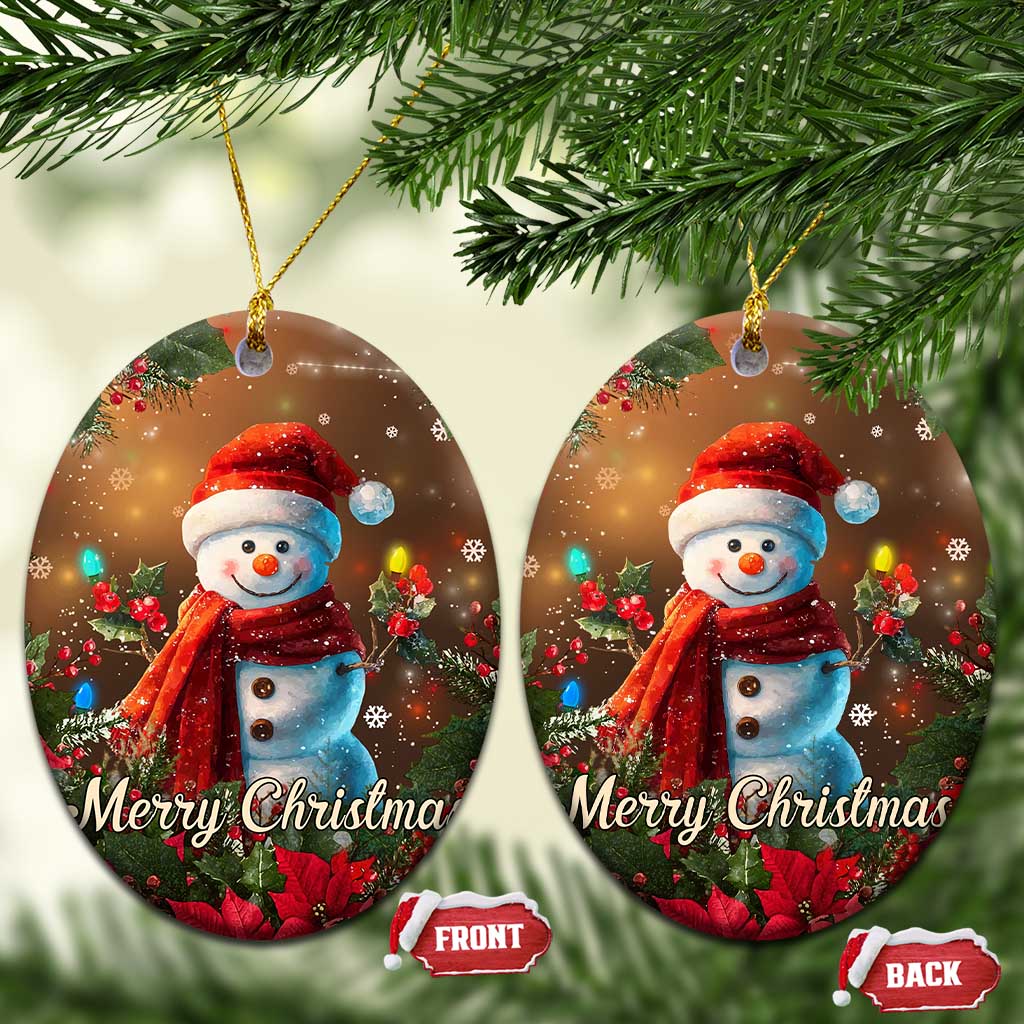 Merry Christmas Snowman Christmas Ceramic Ornament Whimsical Holiday Poinsettias Santa Hat - Wonder Print Shop