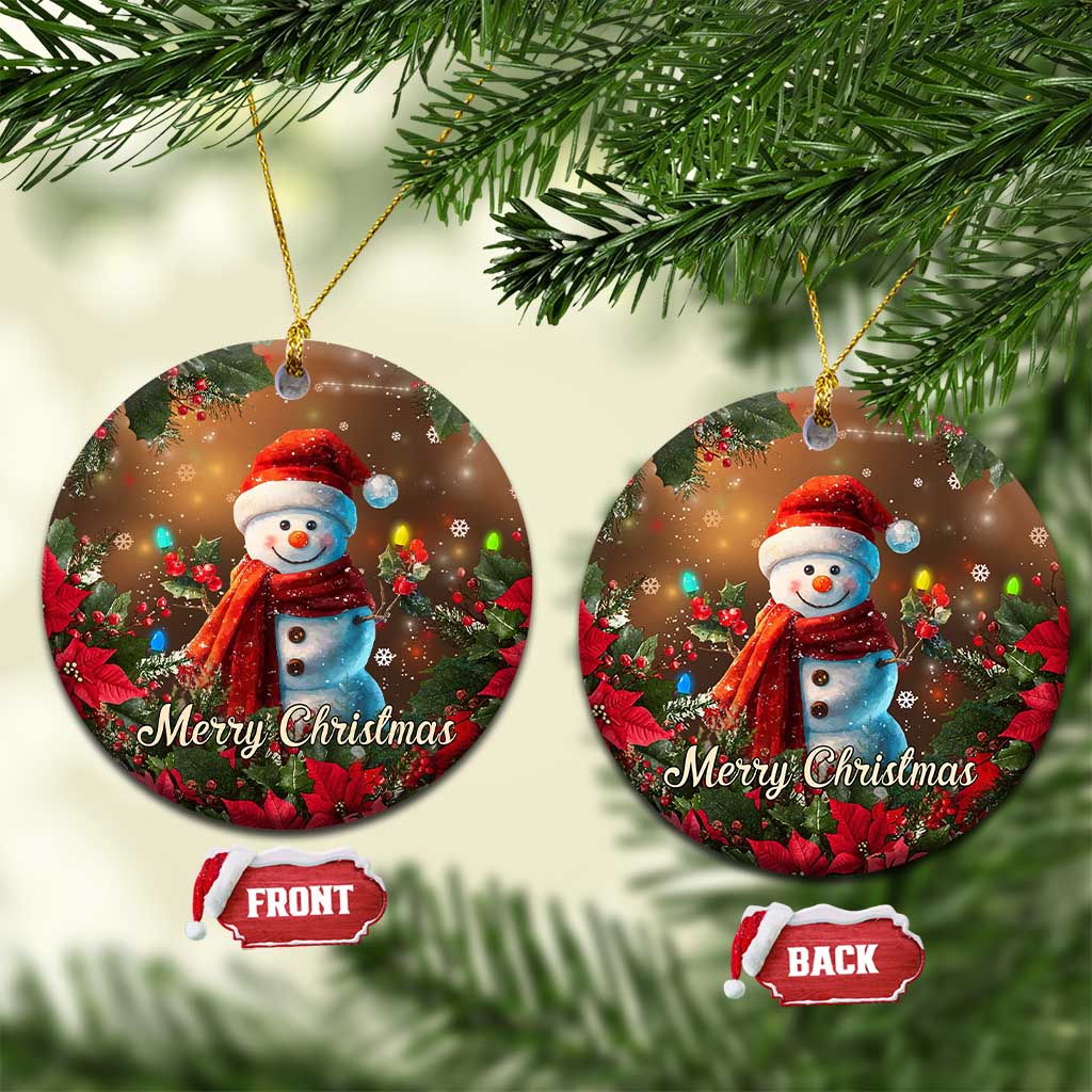 Merry Christmas Snowman Christmas Ceramic Ornament Whimsical Holiday Poinsettias Santa Hat - Wonder Print Shop