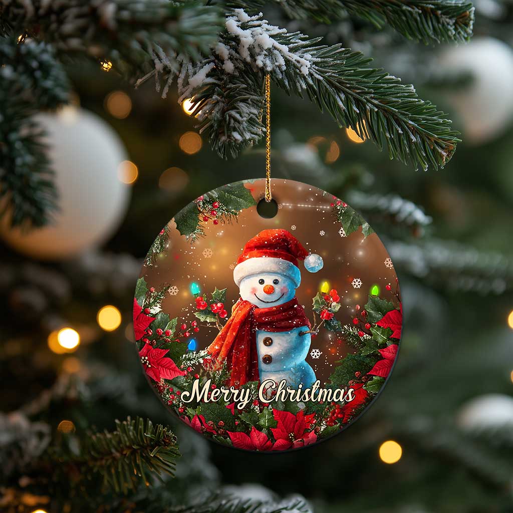 Merry Christmas Snowman Christmas Ceramic Ornament Whimsical Holiday Poinsettias Santa Hat - Wonder Print Shop