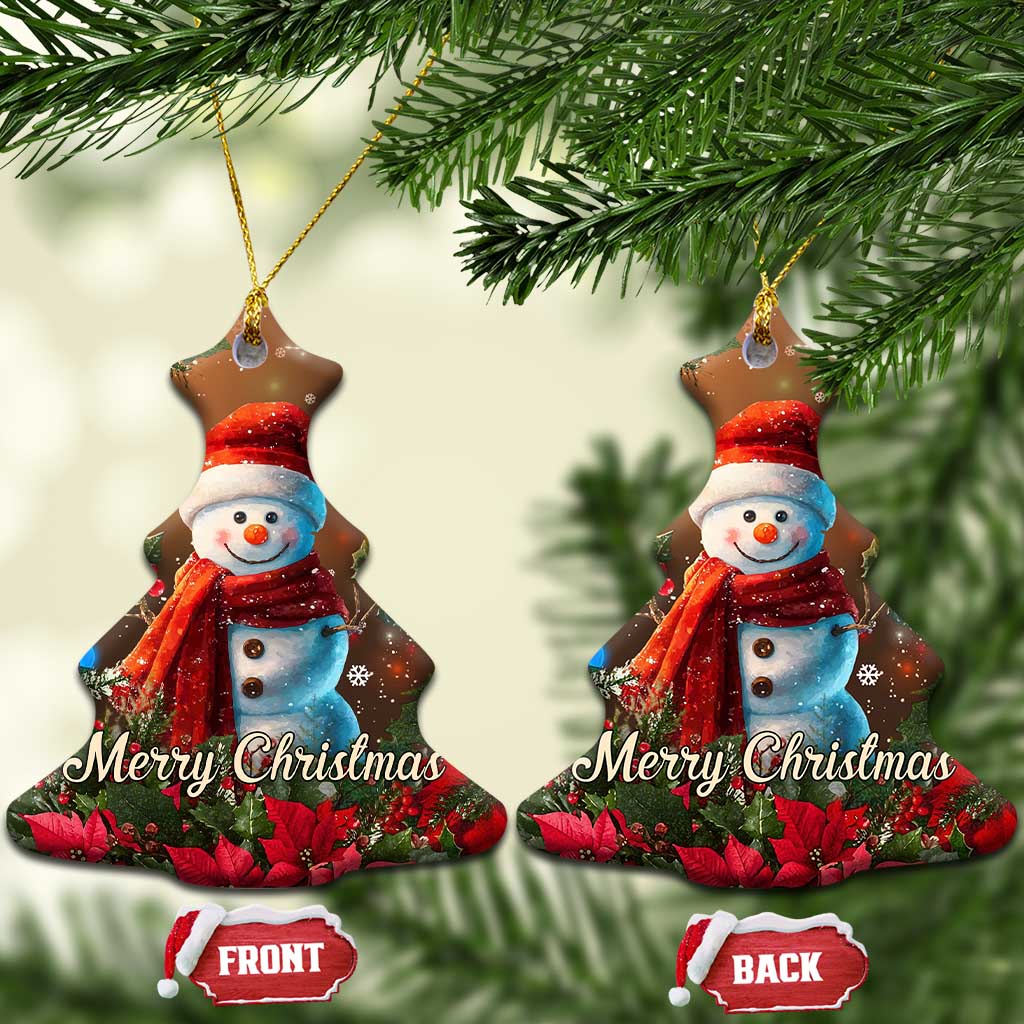 Merry Christmas Snowman Christmas Ceramic Ornament Whimsical Holiday Poinsettias Santa Hat - Wonder Print Shop