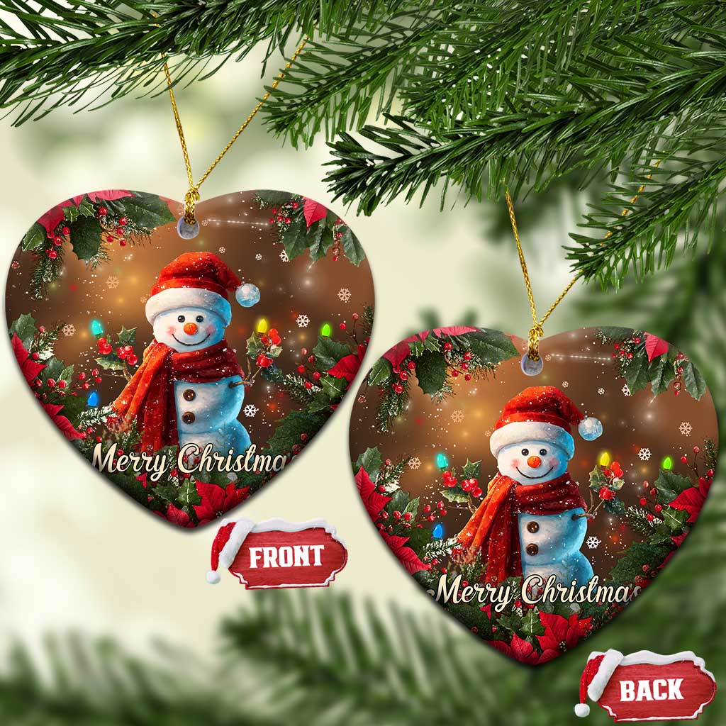 Merry Christmas Snowman Christmas Ceramic Ornament Whimsical Holiday Poinsettias Santa Hat - Wonder Print Shop