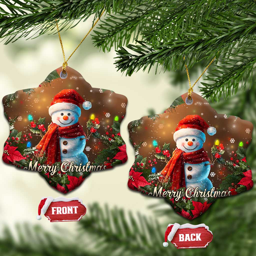 Merry Christmas Snowman Christmas Ceramic Ornament Whimsical Holiday Poinsettias Santa Hat - Wonder Print Shop