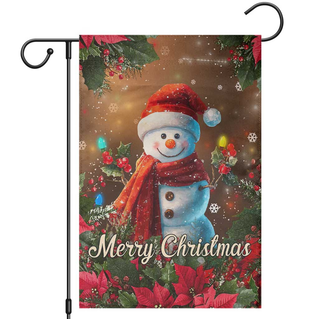 Merry Christmas Snowman Garden Flag Whimsical Holiday Poinsettias Santa Hat - Wonder Print Shop