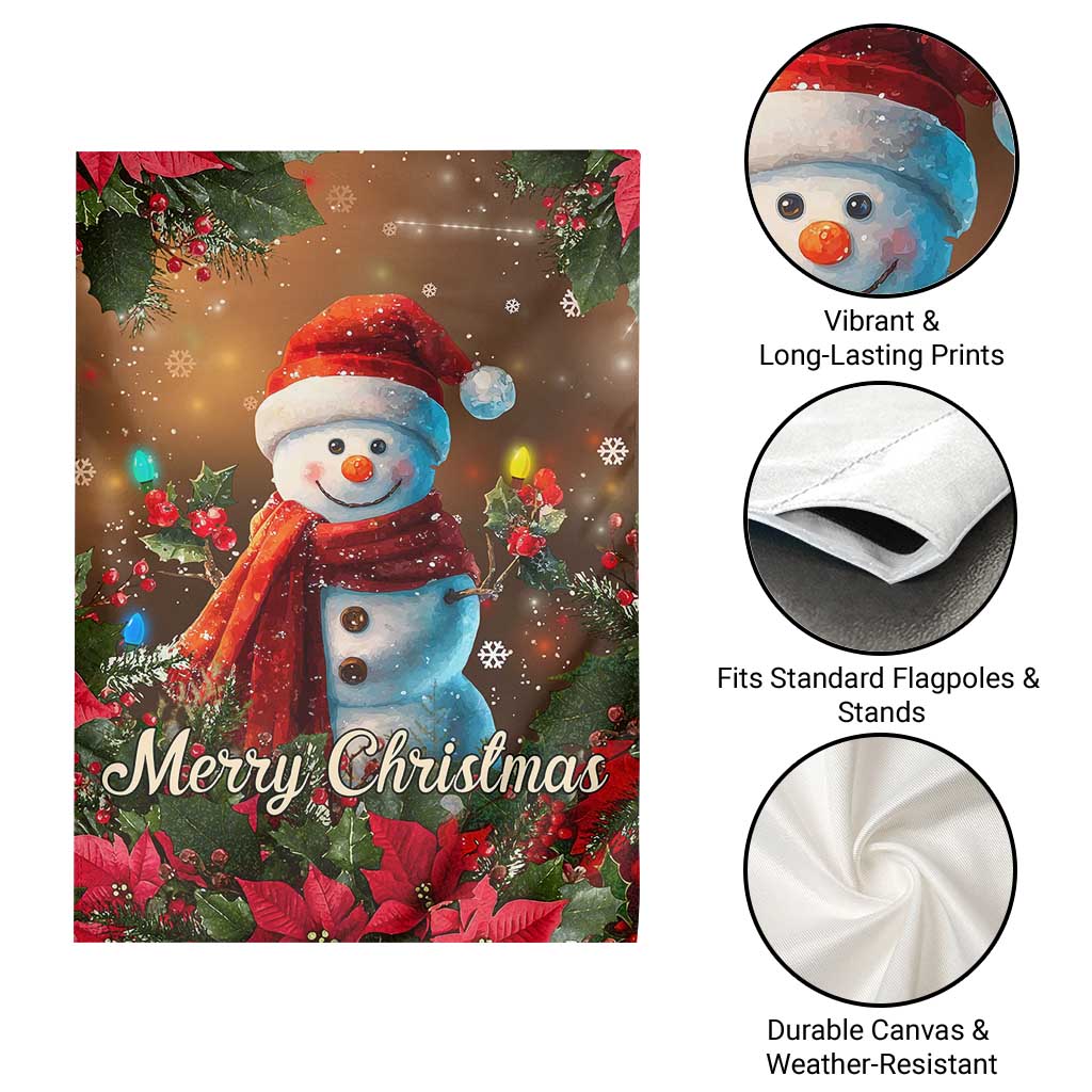 Merry Christmas Snowman Garden Flag Whimsical Holiday Poinsettias Santa Hat - Wonder Print Shop