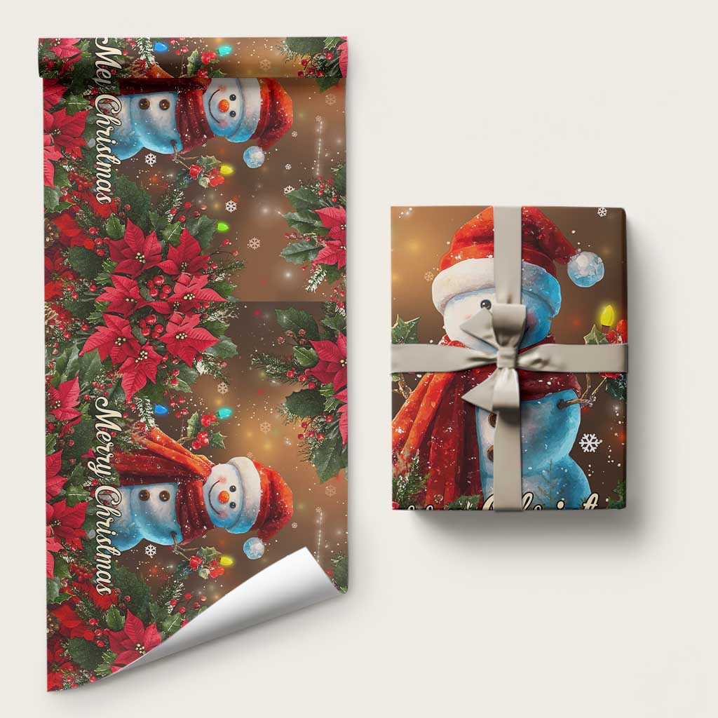 Merry Christmas Snowman Wrapping Paper Whimsical Holiday Poinsettias Santa Hat - Wonder Print Shop