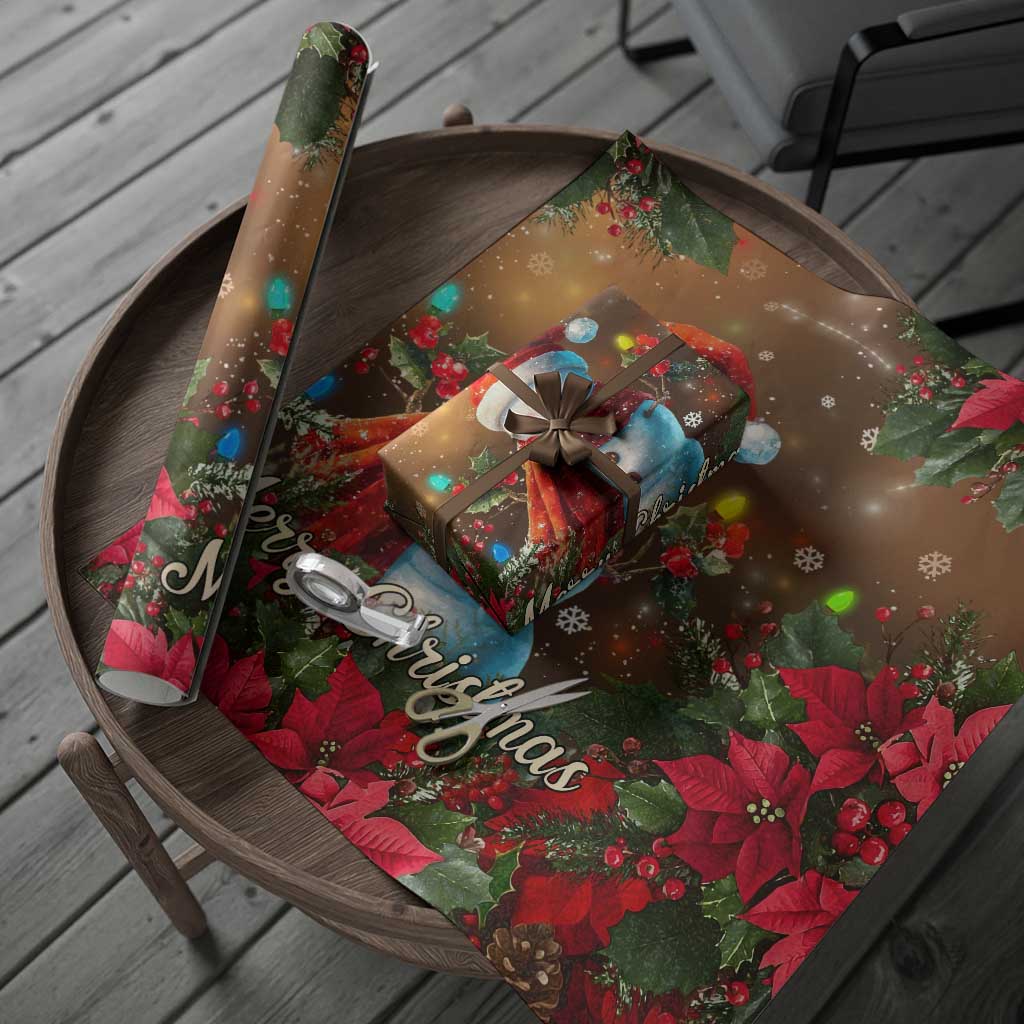 Merry Christmas Snowman Wrapping Paper Whimsical Holiday Poinsettias Santa Hat - Wonder Print Shop