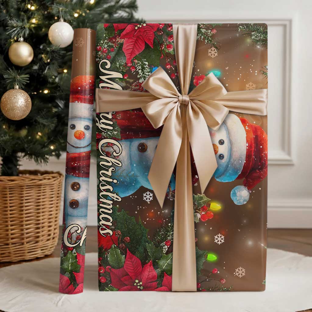 Merry Christmas Snowman Wrapping Paper Whimsical Holiday Poinsettias Santa Hat - Wonder Print Shop
