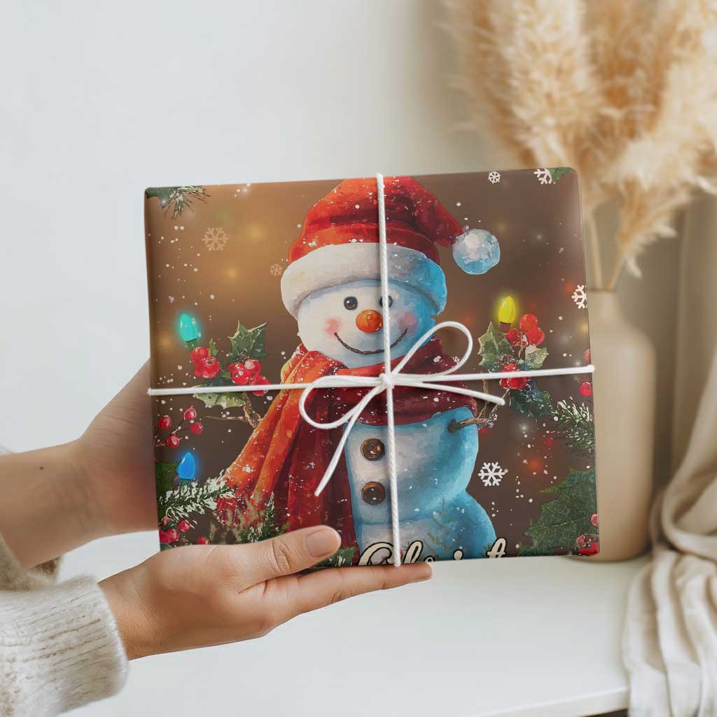 Merry Christmas Snowman Wrapping Paper Whimsical Holiday Poinsettias Santa Hat - Wonder Print Shop