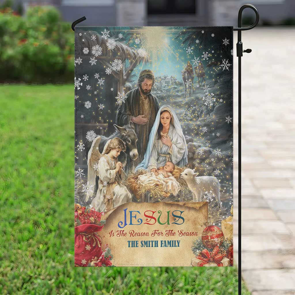 Jesus is the Reason for the Season Garden Flag Personalized Christian Christmas Nativity Scene Custom Family Name - Wonder Print Shop