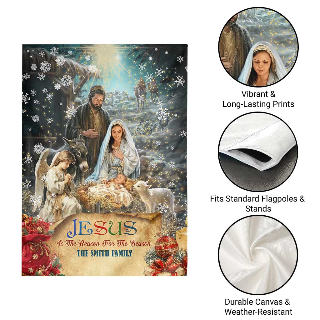 Jesus is the Reason for the Season Garden Flag Personalized Christian Christmas Nativity Scene Custom Family Name - Wonder Print Shop