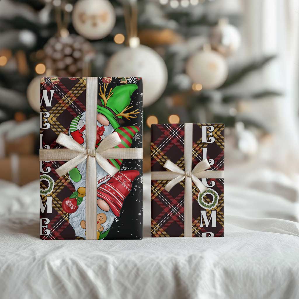 Christmas Gnome Welcome Wrapping Paper Cute Holiday Gnomes with Plaid and Candy Cane Winter - Wonder Print Shop