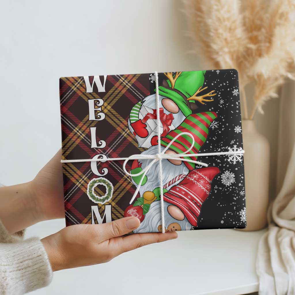 Christmas Gnome Welcome Wrapping Paper Cute Holiday Gnomes with Plaid and Candy Cane Winter - Wonder Print Shop