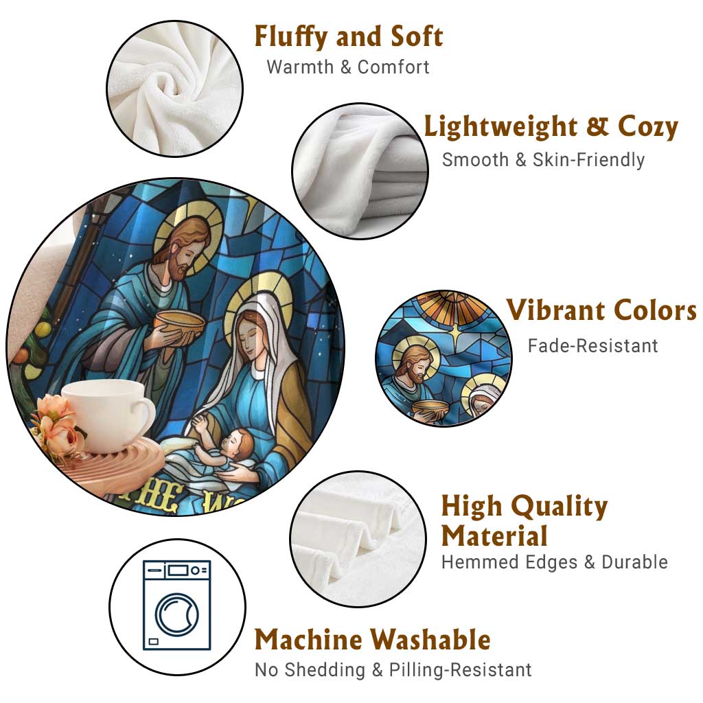 Joy to the World Stained Glass Nativity Scene Throw Blanket Christian Christmas Holy Family Star of Bethlehem - Wonder Print Shop