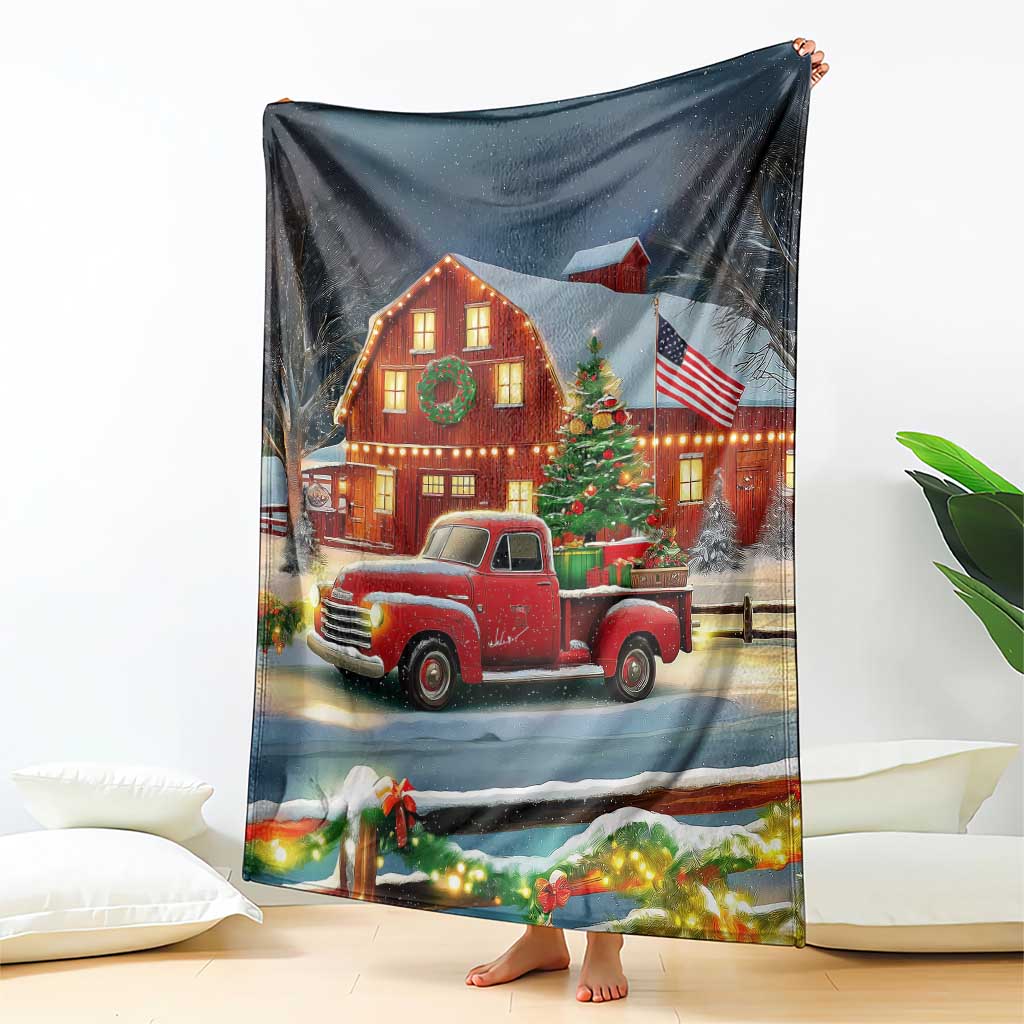 Vintage Red Truck Christmas Throw Blanket Patriotic Holiday Country Barn with Wreath American Flag - Wonder Print Shop