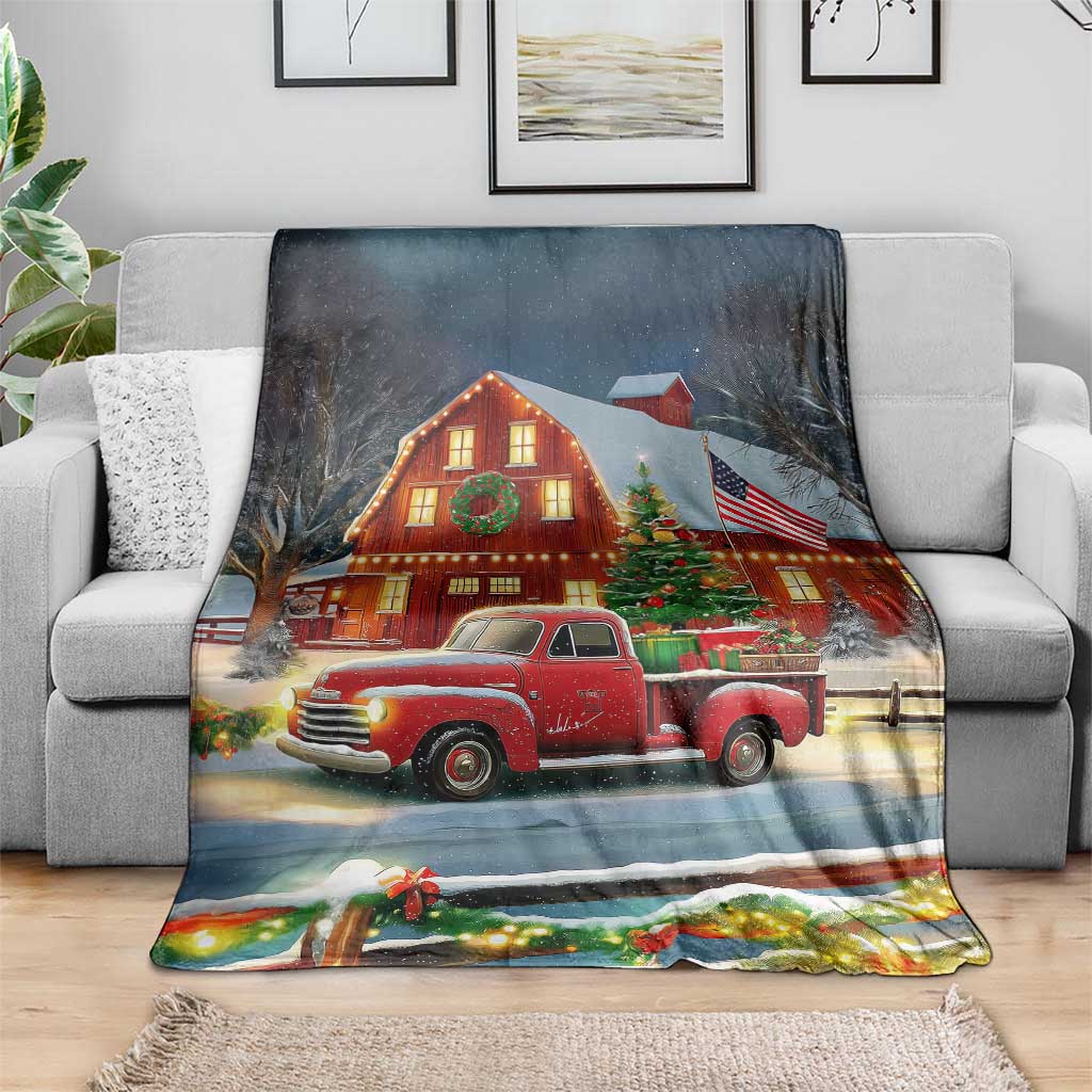 Vintage Red Truck Christmas Throw Blanket Patriotic Holiday Country Barn with Wreath American Flag - Wonder Print Shop