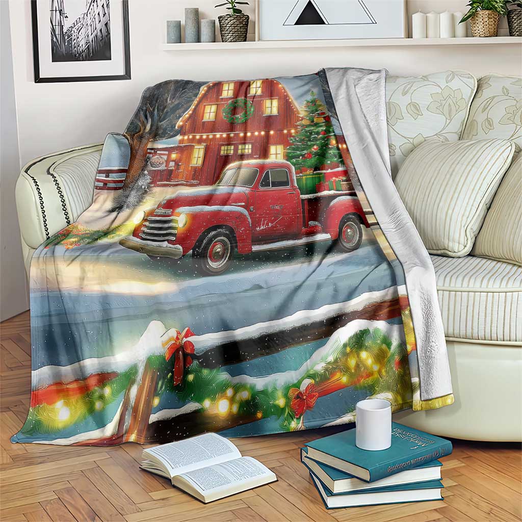 Vintage Red Truck Christmas Throw Blanket Patriotic Holiday Country Barn with Wreath American Flag - Wonder Print Shop