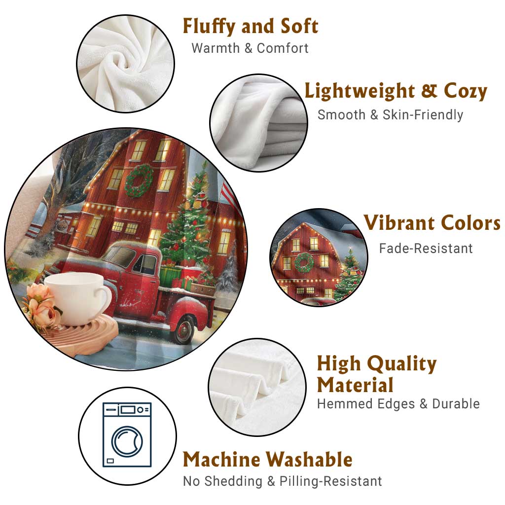 Vintage Red Truck Christmas Throw Blanket Patriotic Holiday Country Barn with Wreath American Flag - Wonder Print Shop