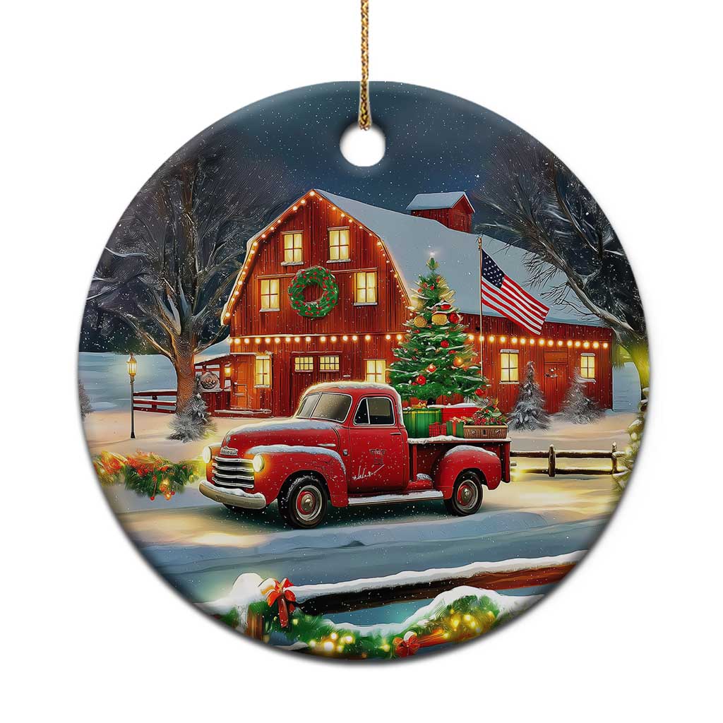 Vintage Red Truck Christmas Christmas Ceramic Ornament Patriotic Holiday Country Barn with Wreath American Flag - Wonder Print Shop