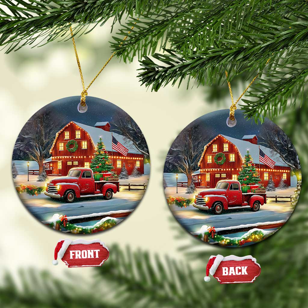 Vintage Red Truck Christmas Christmas Ceramic Ornament Patriotic Holiday Country Barn with Wreath American Flag - Wonder Print Shop