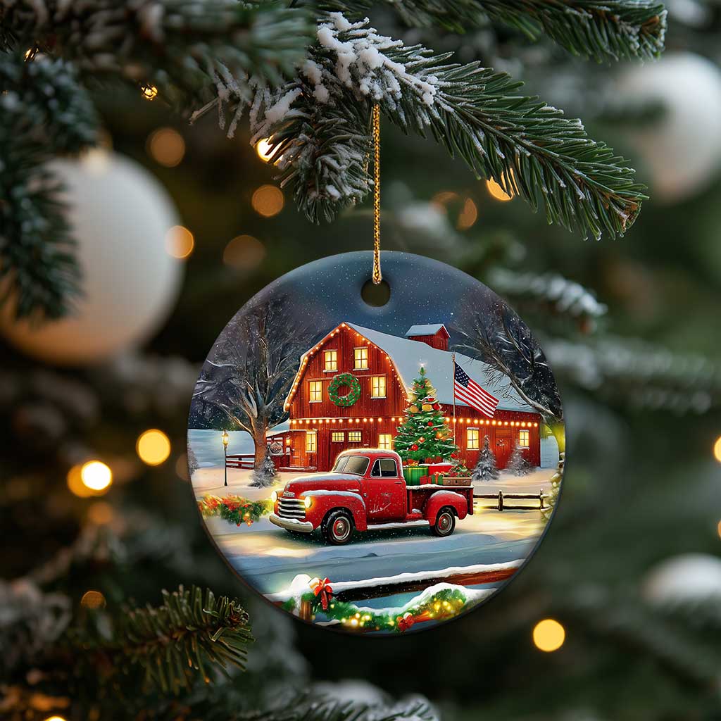 Vintage Red Truck Christmas Christmas Ceramic Ornament Patriotic Holiday Country Barn with Wreath American Flag - Wonder Print Shop