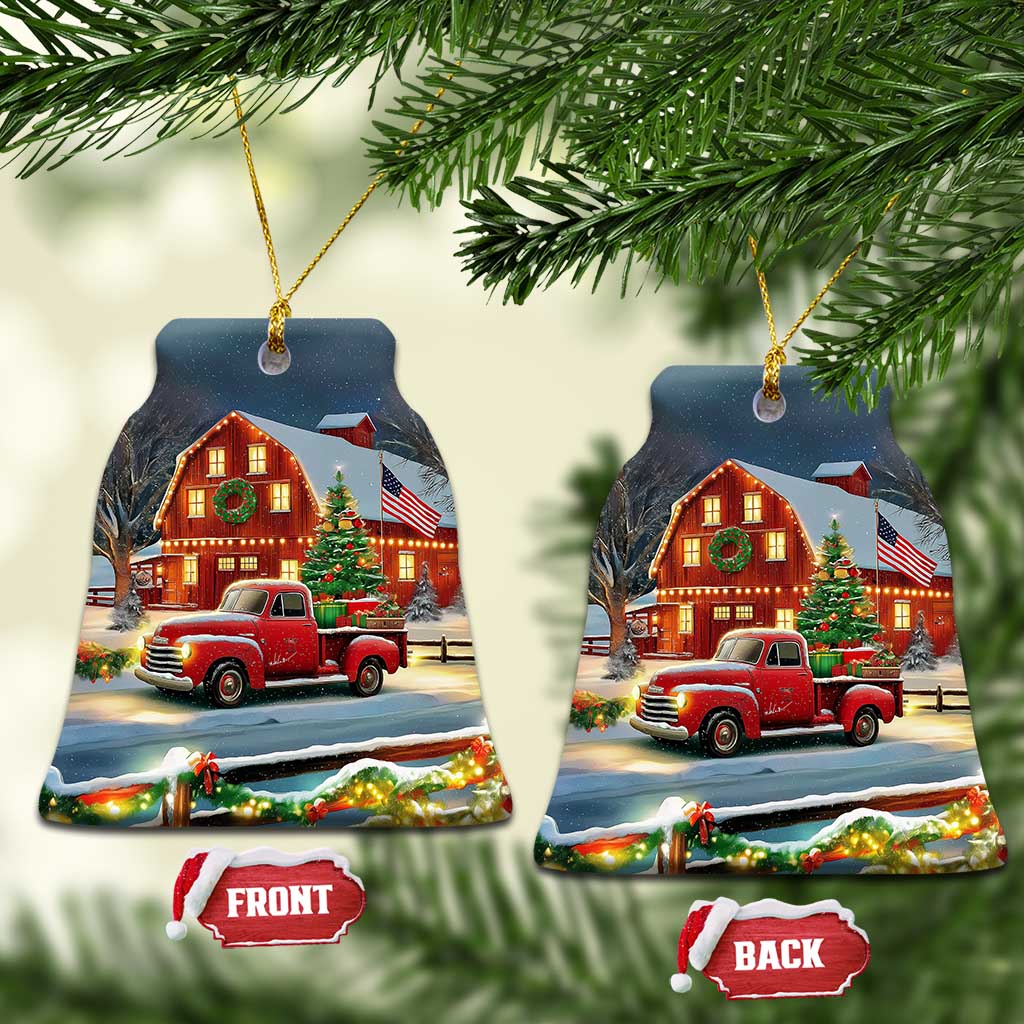 Vintage Red Truck Christmas Christmas Ceramic Ornament Patriotic Holiday Country Barn with Wreath American Flag - Wonder Print Shop