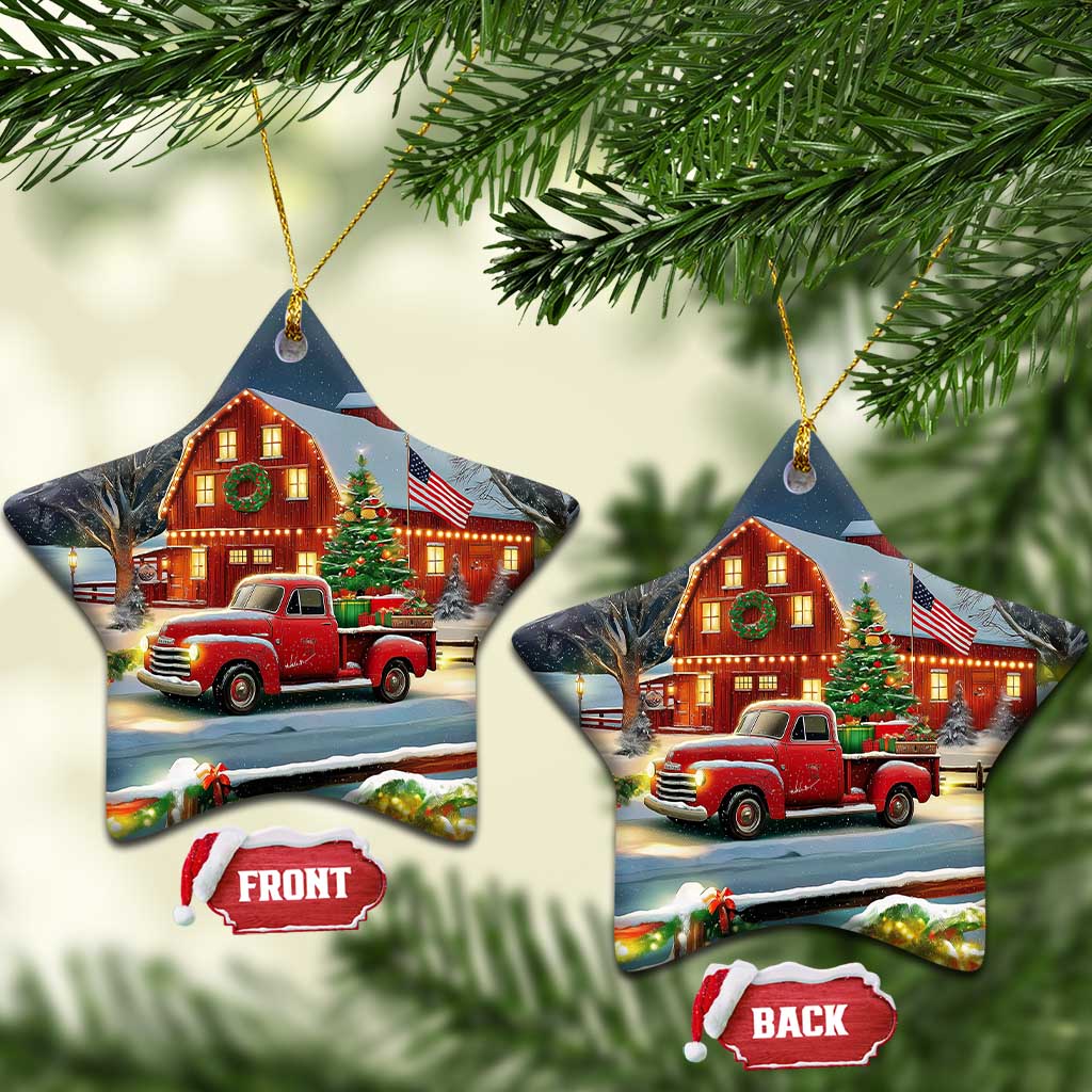 Vintage Red Truck Christmas Christmas Ceramic Ornament Patriotic Holiday Country Barn with Wreath American Flag - Wonder Print Shop