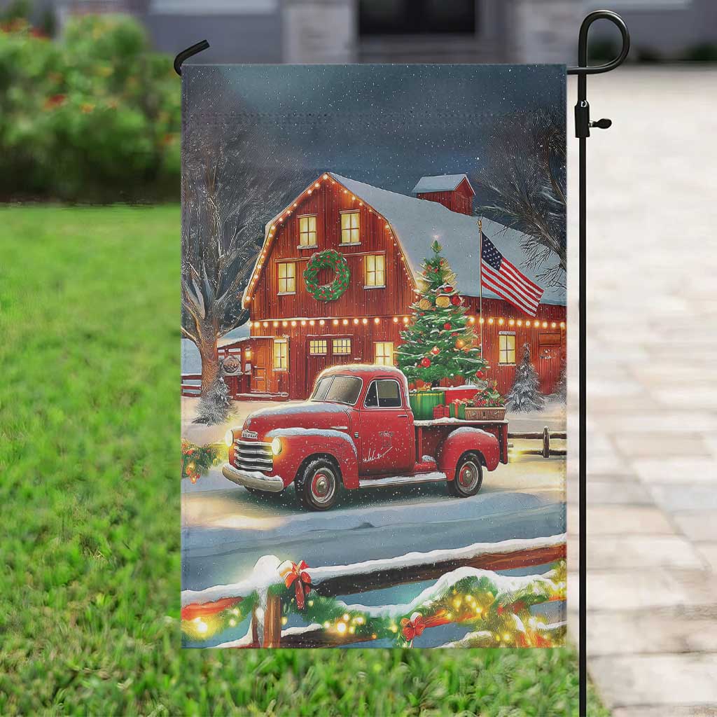 Vintage Red Truck Christmas Garden Flag Patriotic Holiday Country Barn with Wreath American Flag - Wonder Print Shop