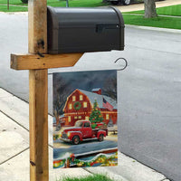 Vintage Red Truck Christmas Garden Flag Patriotic Holiday Country Barn with Wreath American Flag - Wonder Print Shop