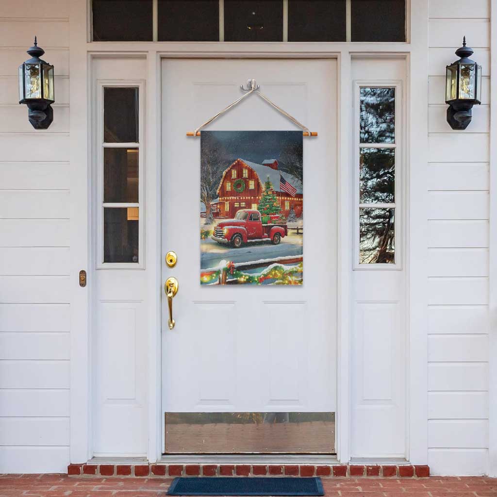 Vintage Red Truck Christmas Garden Flag Patriotic Holiday Country Barn with Wreath American Flag - Wonder Print Shop