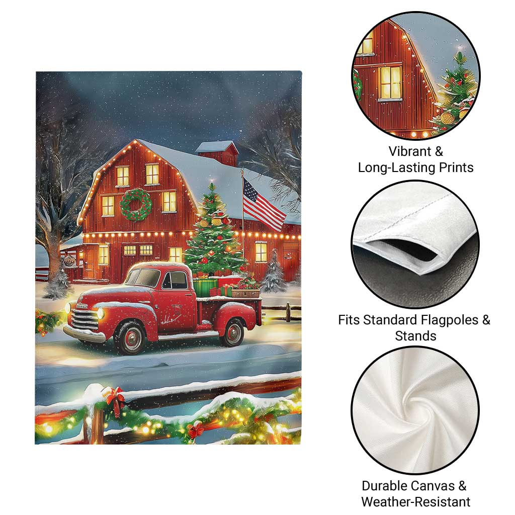 Vintage Red Truck Christmas Garden Flag Patriotic Holiday Country Barn with Wreath American Flag - Wonder Print Shop