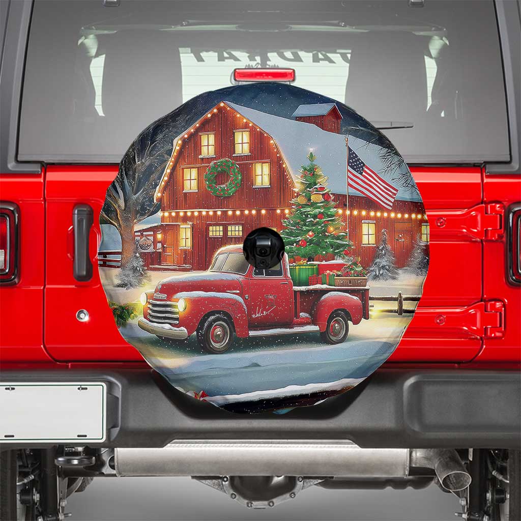 Vintage Red Truck Christmas Spare Tire Cover Patriotic Holiday Country Barn with Wreath American Flag - Wonder Print Shop