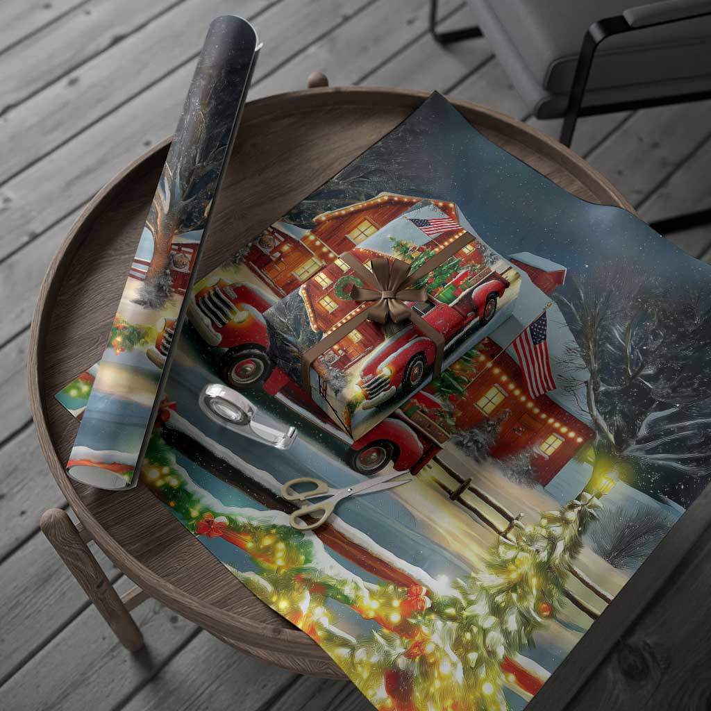 Vintage Red Truck Christmas Wrapping Paper Patriotic Holiday Country Barn with Wreath American Flag - Wonder Print Shop