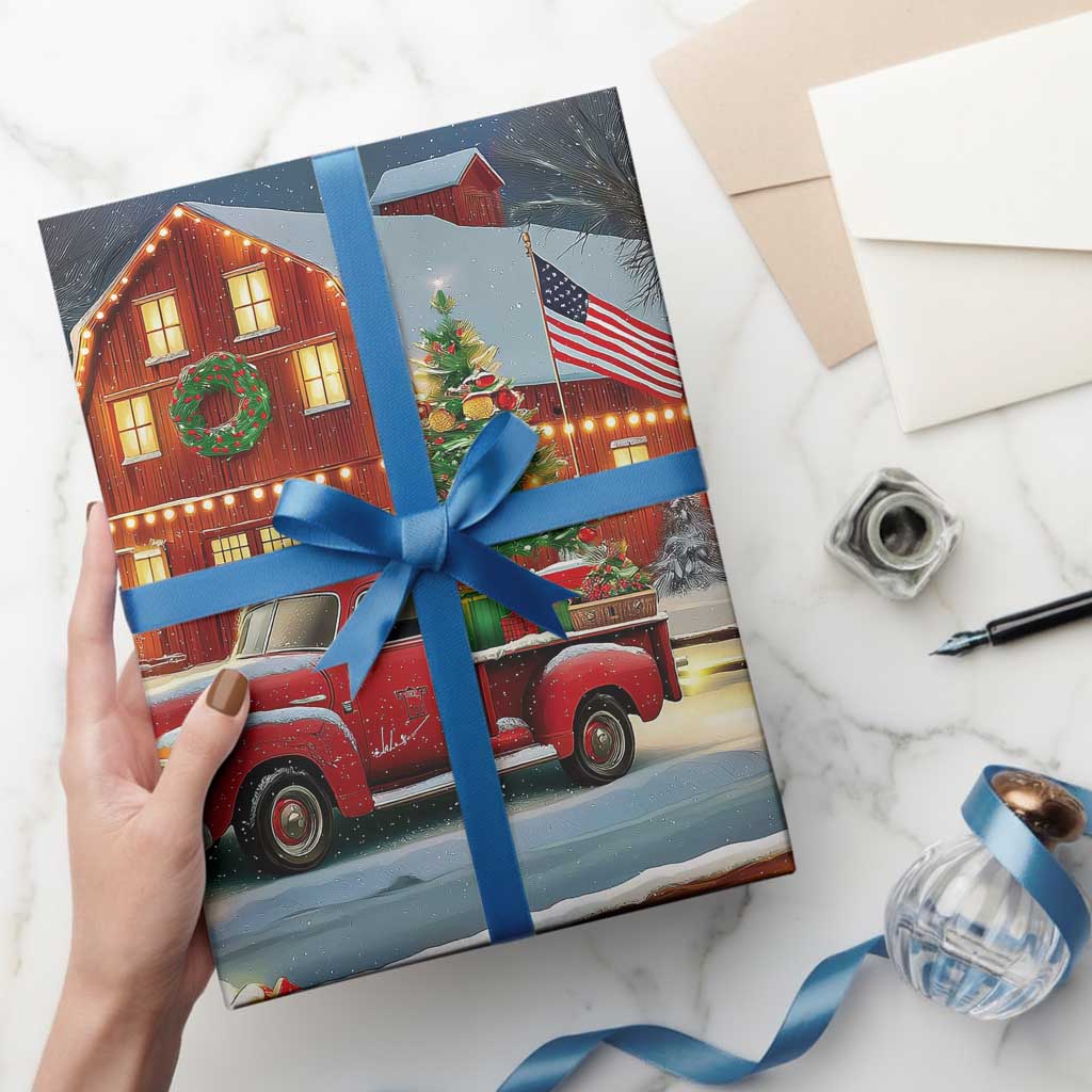 Vintage Red Truck Christmas Wrapping Paper Patriotic Holiday Country Barn with Wreath American Flag - Wonder Print Shop