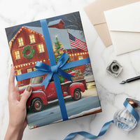 Vintage Red Truck Christmas Wrapping Paper Patriotic Holiday Country Barn with Wreath American Flag - Wonder Print Shop