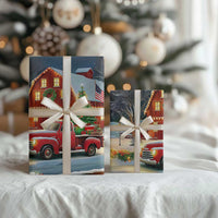 Vintage Red Truck Christmas Wrapping Paper Patriotic Holiday Country Barn with Wreath American Flag - Wonder Print Shop